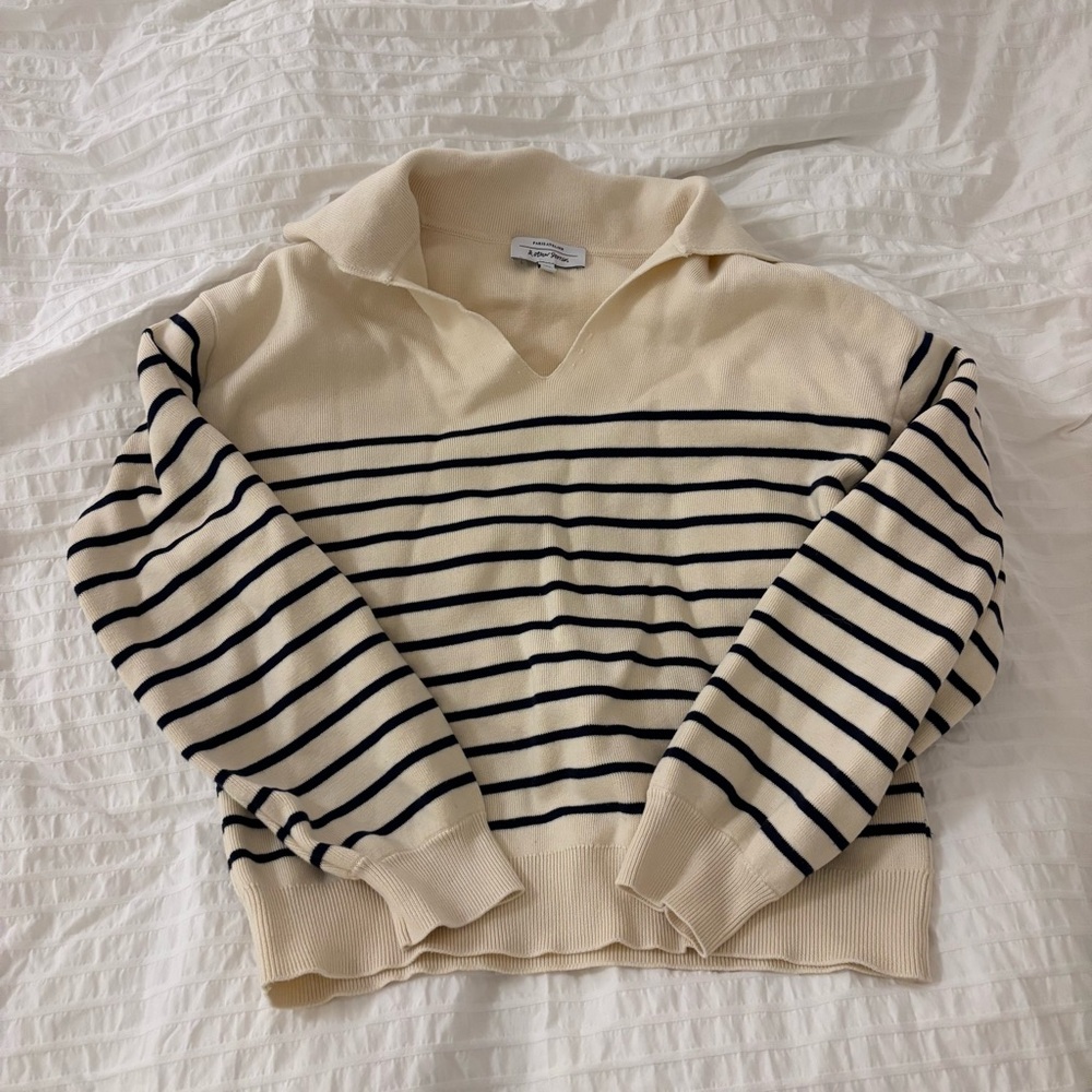 & Other Stories Cotton Knit Polo Sweater - Cream / Navy Stripe with Collar - S